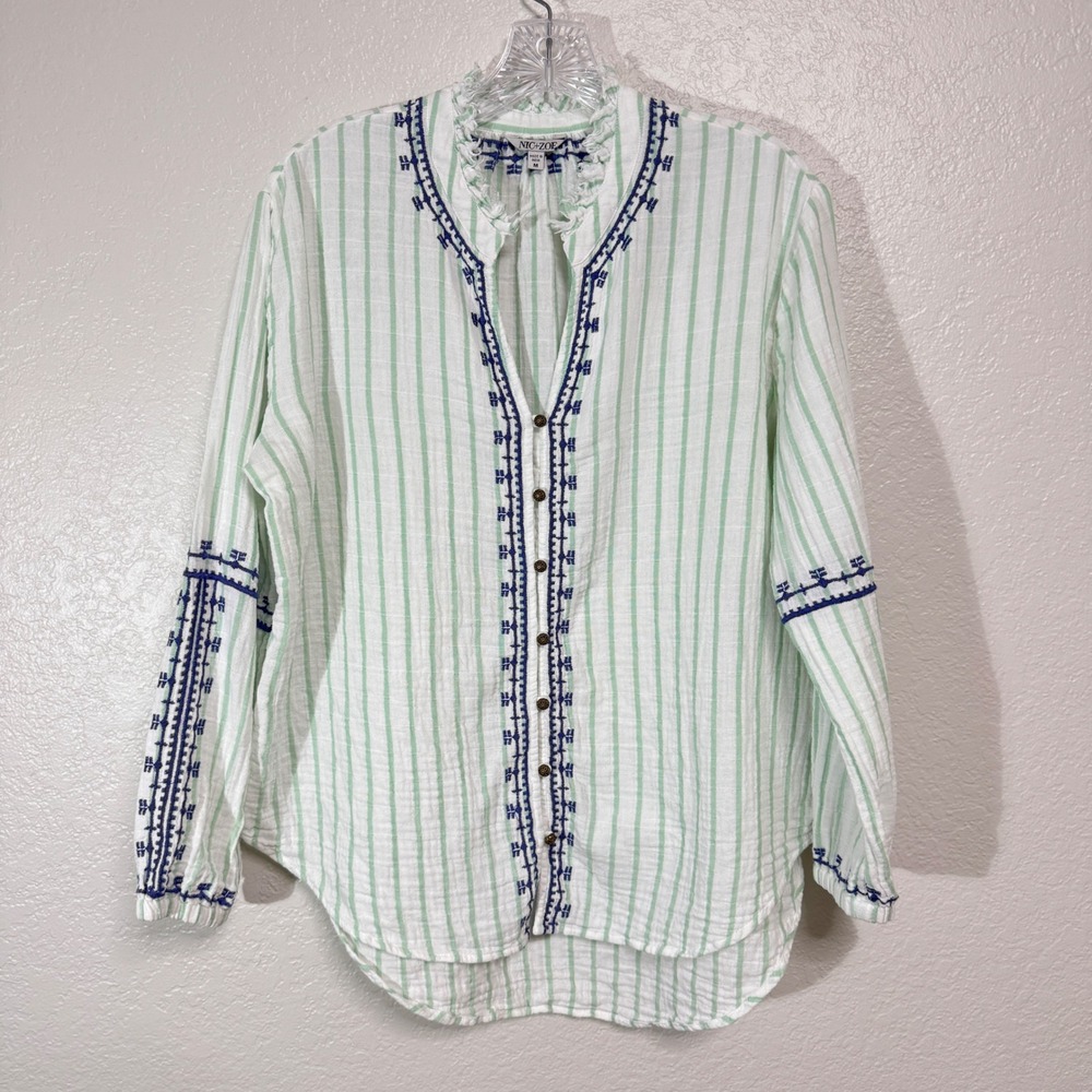 NIC+ZOE Blouse Womens M Green White Striped Cotton Embroidered Boho V-Neck Top